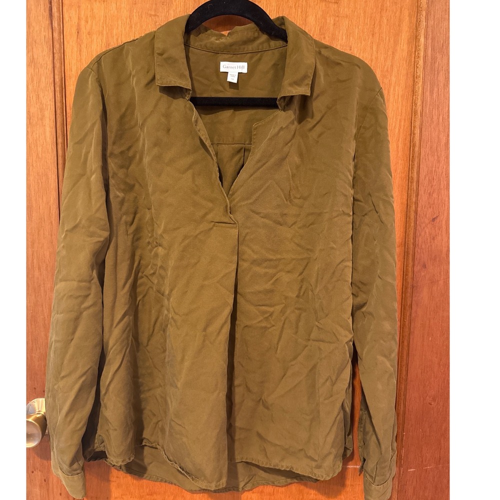Garnet Hill blouse popover‎ women's 14 button down brown *flaw* v-neck